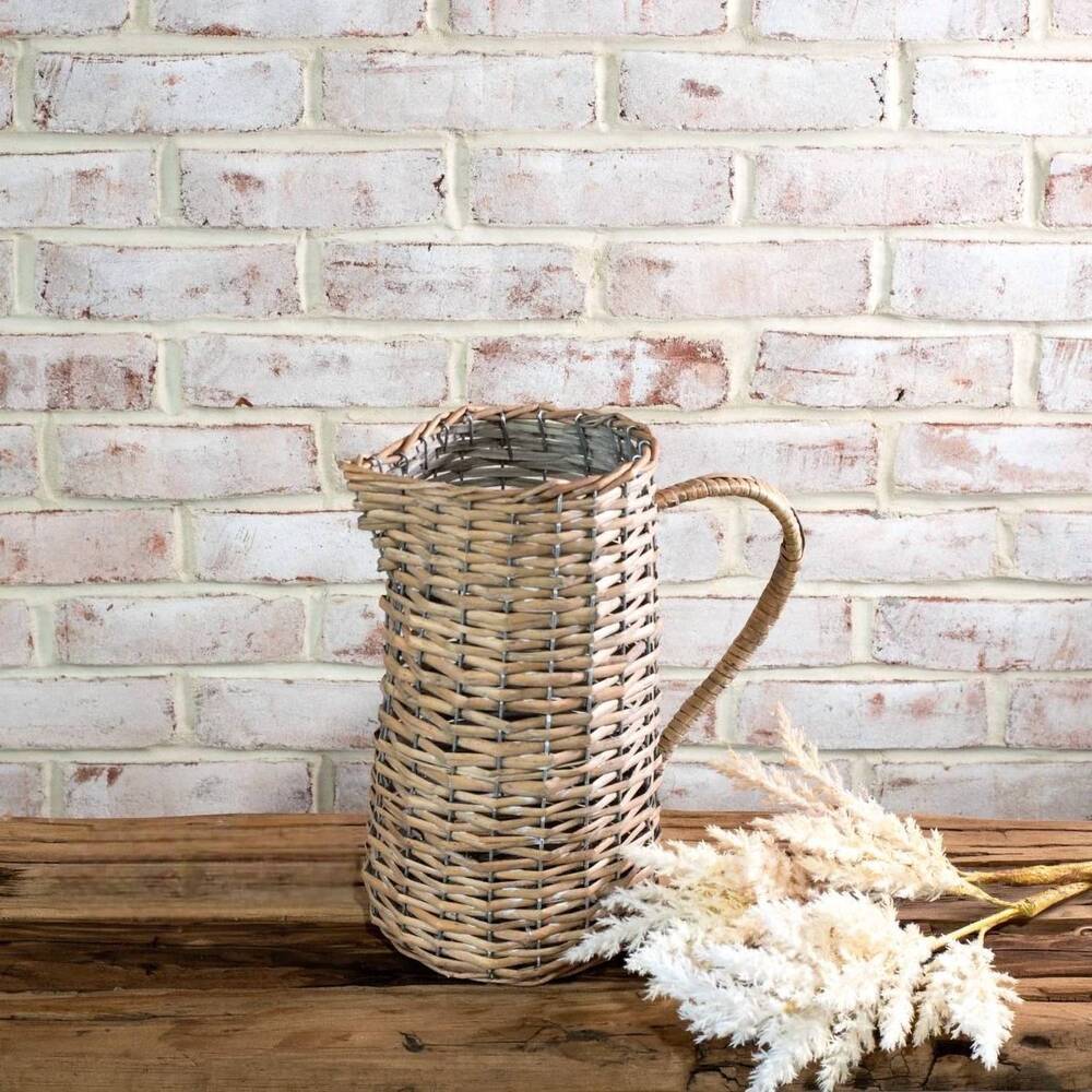 NEW PD HOME & GARDEN wicker pitcher vase with handle in neutral-toned finish